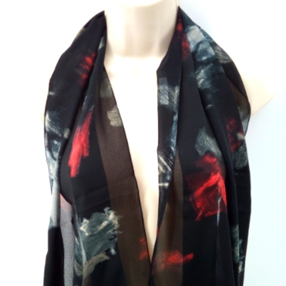 Vintage Dark Floral Semi Sheer Panel Red Gray Roses Romantic Neck Scarf - Picture 7 of 7